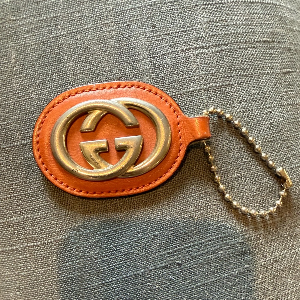 Authentic GUCCI GG Sukey Brown Leather Bag Charm / Keychain Gold tone